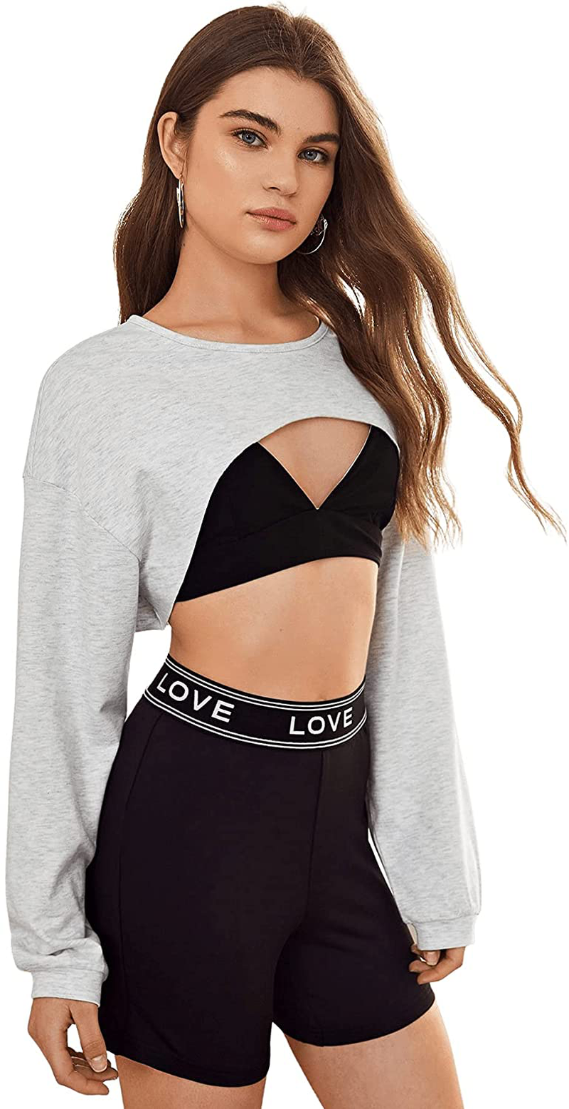 SweatyRocks Women's Casual Solid Cut Out Front Long Sleeve Pullover Crop Top Sweatshirt