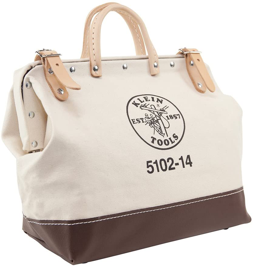 Klein Tools 5102-12 Heavy Duty Natural Canvas Tool Bag, Tool Tote, Multi-Purpose Bag with Wide Hinged Opening and Leather Handles, 12-Inch