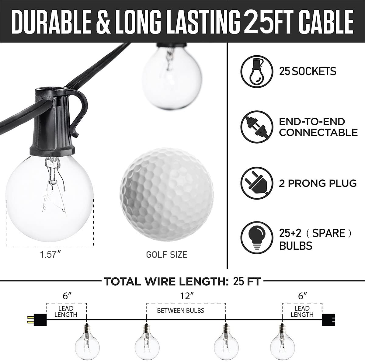Outdoor String Lights 25ft Patio Lights with 27 G40 Bulbs (2 Spare) Connectable Globe String Lights for Party Tents Patio Gazebo Porch Deck Bistro Backyard Balcony Pergola Outside Decor…