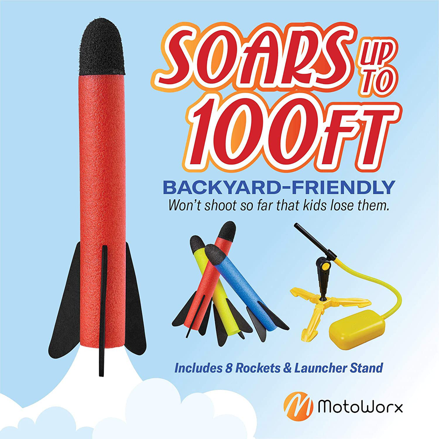 Toy Rocket Launcher for kids – Shoots Up to 100 Feet – 8 Colorful Foam Rockets and Sturdy Launcher Stand With Foot Launch Pad - Fun Outdoor Toy for Kids - Gift Toys for Boys and Girls Age 3+ Years Old