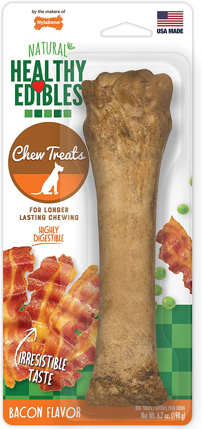 Nylabone Healthy Edibles All-Natural Long Lasting Bacon Flavor Chew Treats 3 Count Bacon Small/Regular