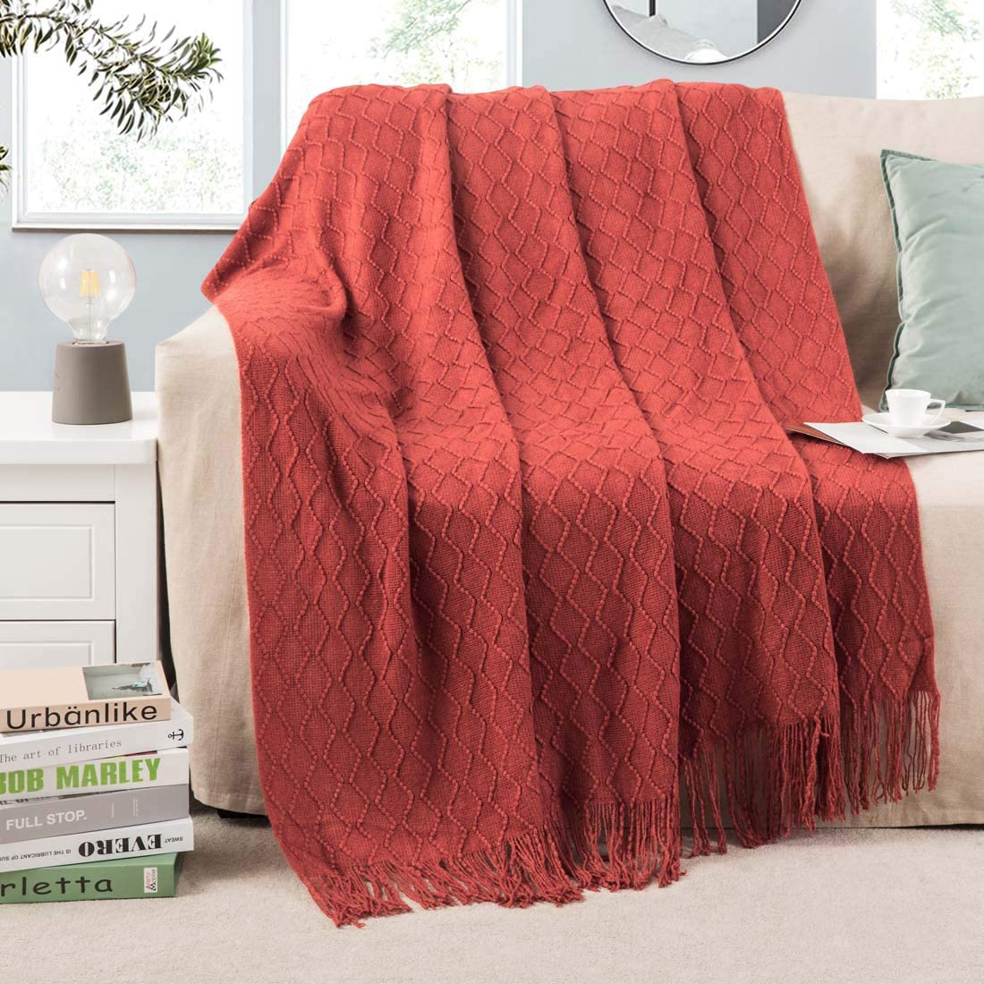 Revdomfly Mustard Yellow Throw Blanket with Fringe Decorative Farmhouse Knitted Throw Blanket for Sofa Couch Bed, 50" x 67", Yellow