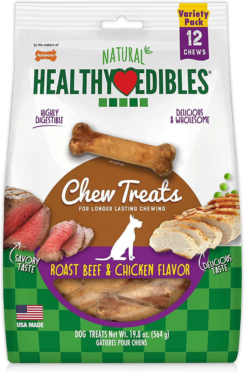 Nylabone Healthy Edibles All-Natural Long Lasting Bacon Flavor Chew Treats 3 Count Bacon Small/Regular