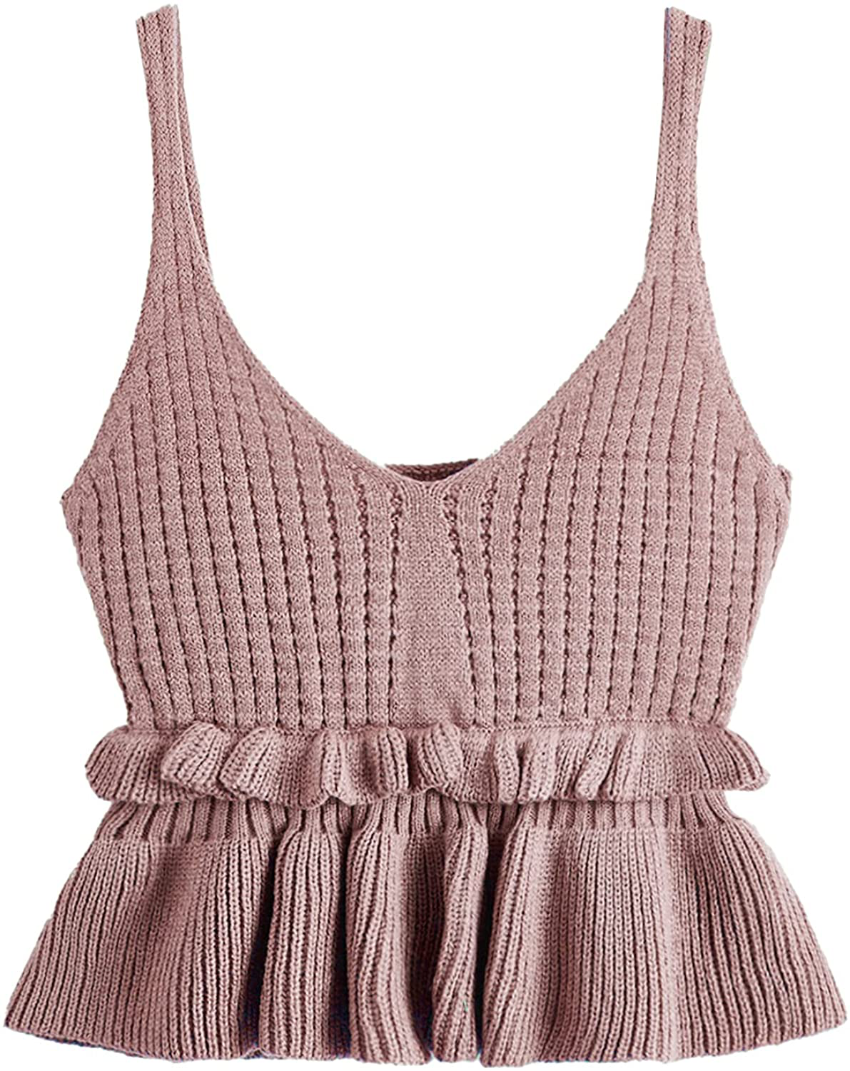 SweatyRocks Women's Casual Knit Top Sleeveless Ruffle Hem V Neck Peplum Crop Tank Top