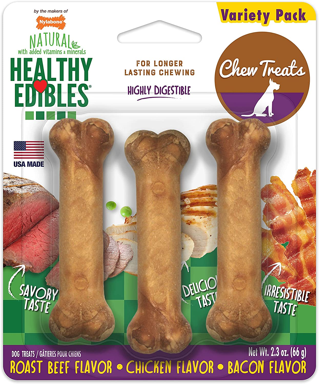 Nylabone Healthy Edibles All-Natural Long Lasting Bacon Flavor Chew Treats 3 Count Bacon Small/Regular