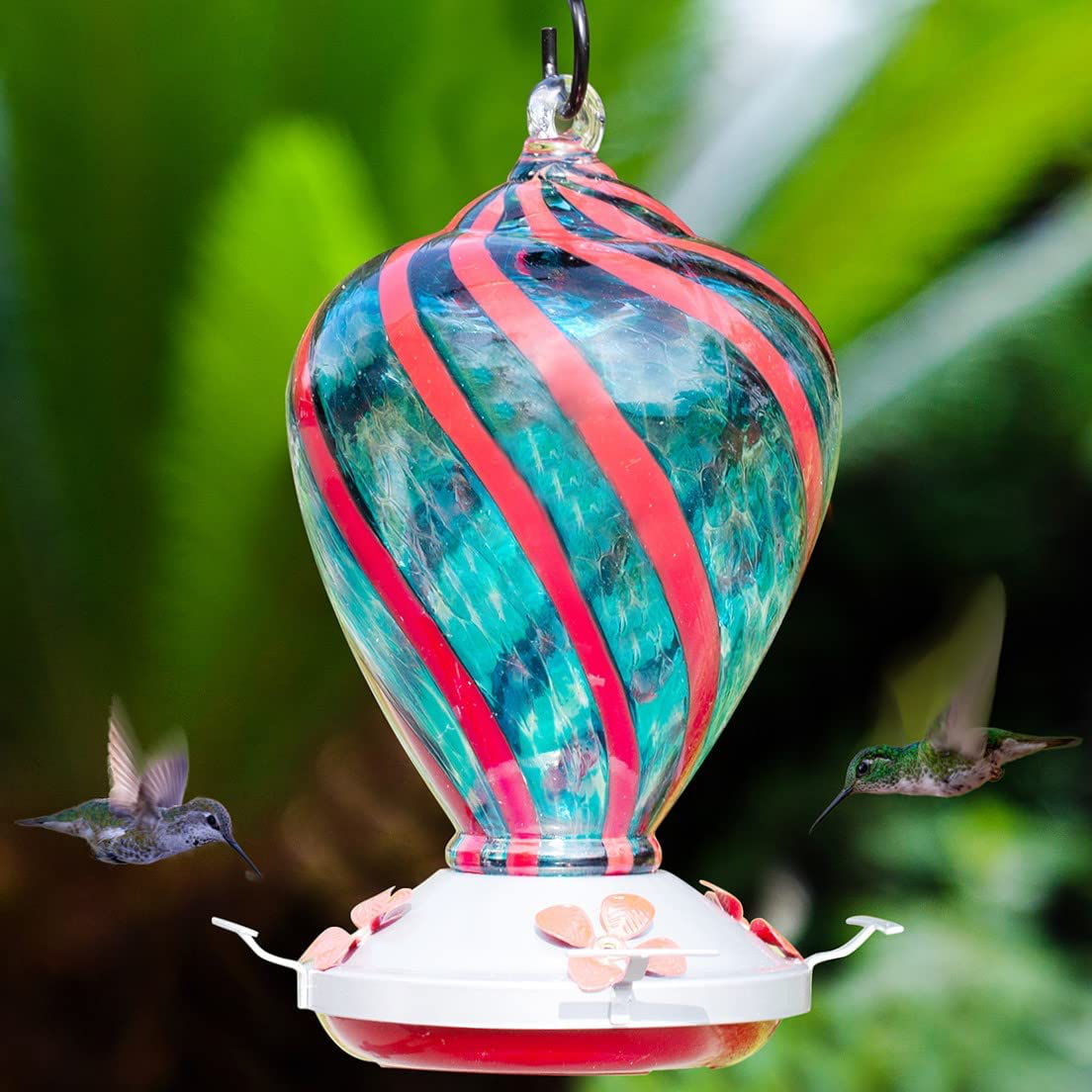 Muse Garden Hummingbird Feeder for Outdoors, Hand Blown Glass, 34 Ounces, Containing Ant Moat, Comet