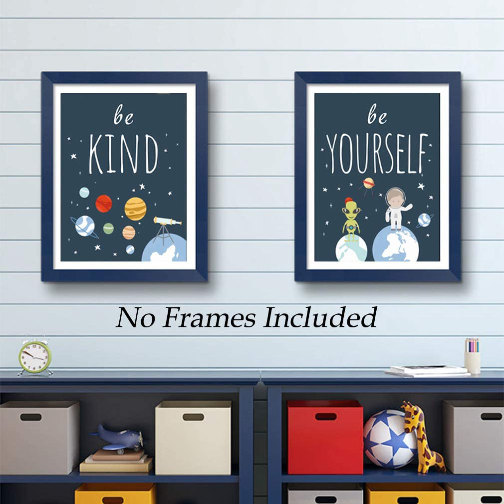 Unframed Inspirational Art Print, Outer Space Planet Wall Art Painting ,Set of 4(8" x10" )Be Kind Be Brave Be Curious Be Yourself Quote Canvas Posters For Boys Bedroom Nursery Decor