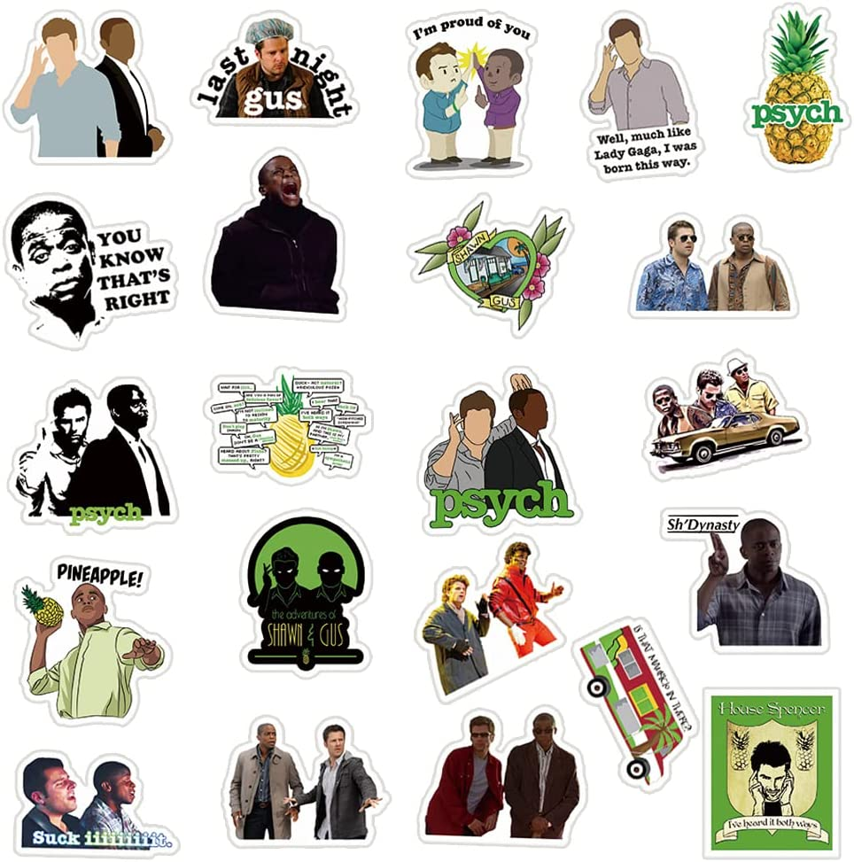 50Pcs Psych Merchandise Stickers Pack , TV Show Stickers Vinyl Waterproof Stickers for Water Bottles,Laptop,Skateboard,Phone,Bumper,Car Decals for Adults Teens Kids for Party Decorations…