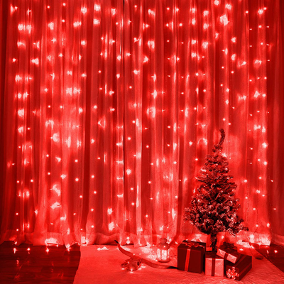 SUNNEST LED Curtain Lights, USB Curtain String Lights with 8 Lighting Modes, 300 LEDs, 9.8FT x 9.8FT Wall Lights with Remote Control, Twinkle Lights for Bedroom Decoration (Red)