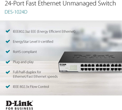 D-Link Fast Ethernet Switch, 24 Port Unmanaged 10/100 Mbps Desktop Rackmount Network Internet Hub (DES-1024D), Black