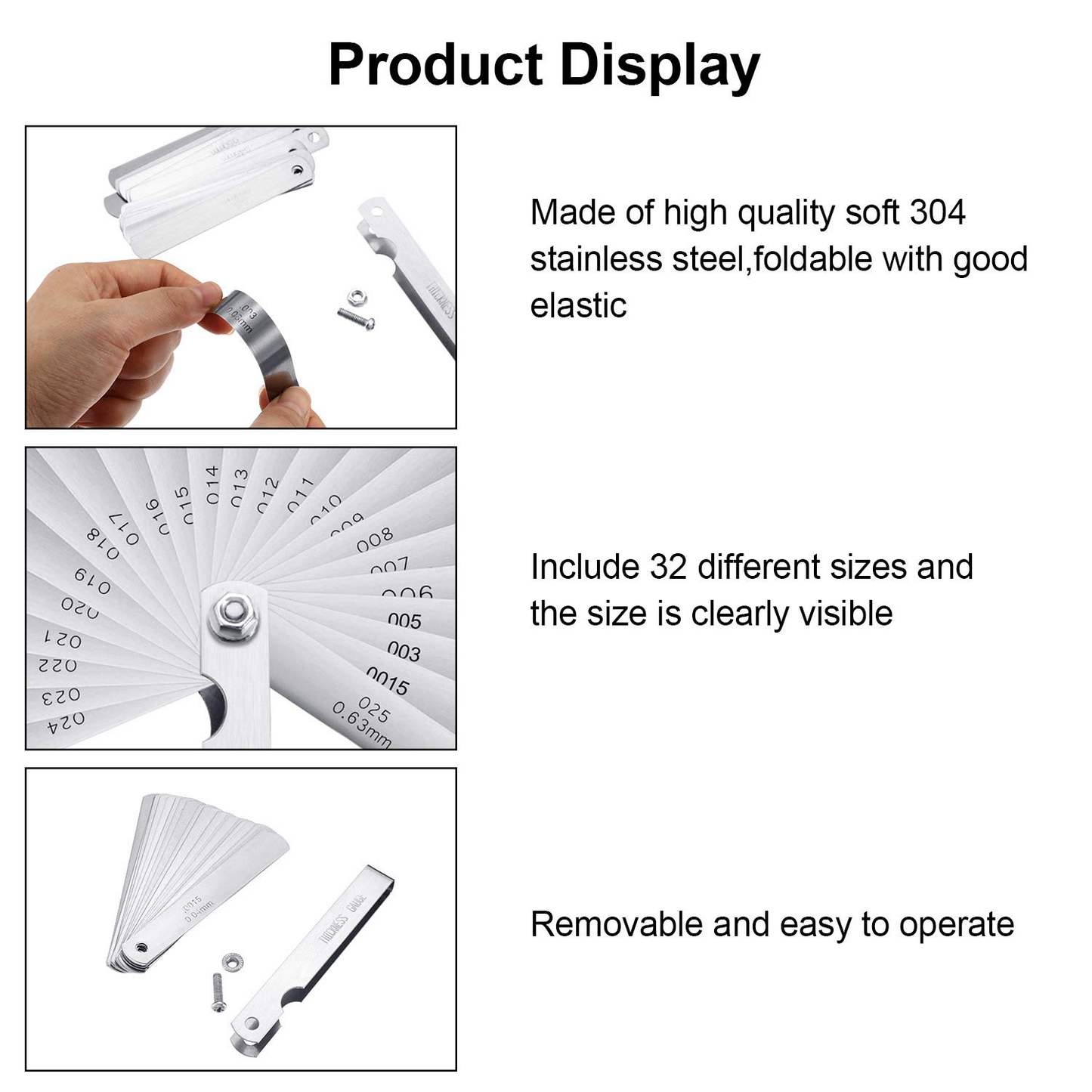 Stainless Steel Feeler Gauge Dual Marked Metric and Imperial Gap Measuring Tool (0.04-0.63 mm, 26 Blades)