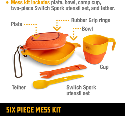 UCO 6-Piece Camping Mess Kit with Bowl, Plate, Camp Cup, and Switch Spork Utensil Set