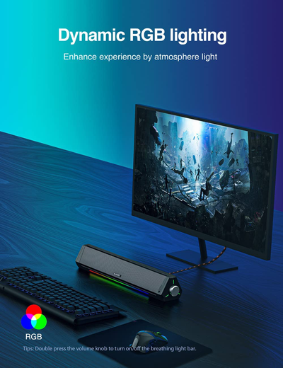 Computer Speakers, Dynamic RGB Computer Sound Bar, Hifi Stereo Bluetooth 5.0 & 3.5Mm Aux-In Connection, USB Powered Computer Speakers for Desktop, PC, Laptop, Tablets