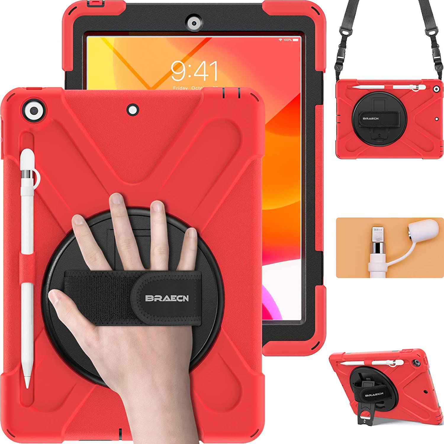 BRAECN iPad Case 8th Generation 10.2 Inch, Heavy Duty Kids Case with Pencil Holder Screen Protector Pencil Cap Holder Hand Strap Carrying Strap Kickstand for iPad 8th 7th Gen