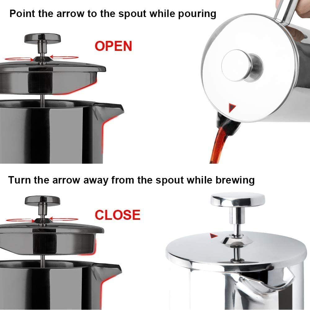 Secura French Press Coffee Maker, 304 Grade Stainless Steel Insulated Coffee Press with 2 Extra Screens, 50oz (1.5 Litre), Silver