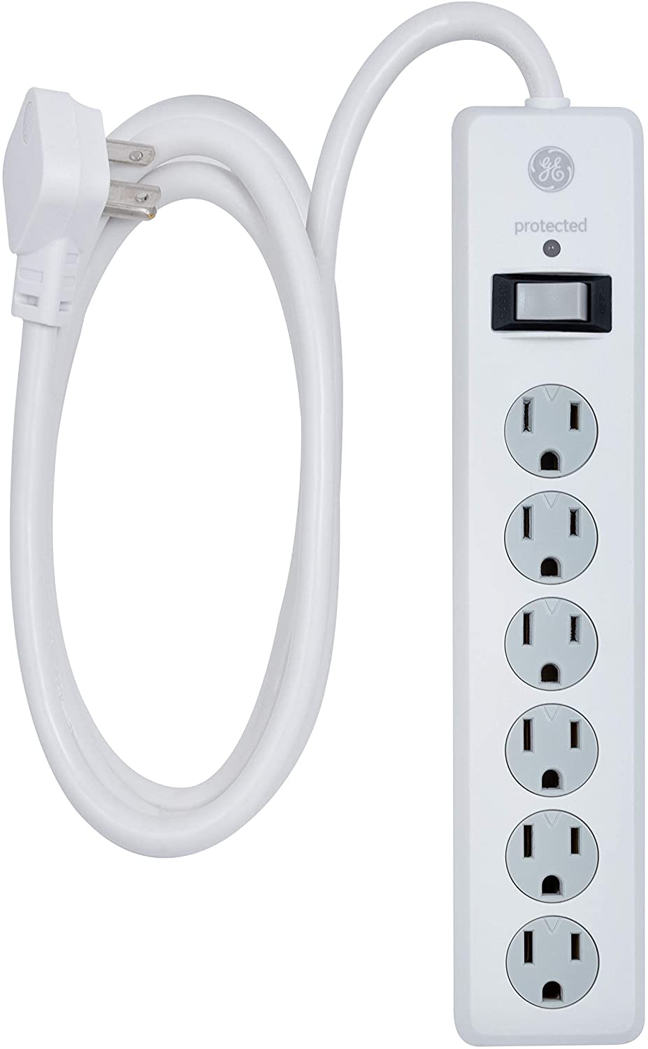 GE 6 Outlet Surge Protector, 10 Ft Extension Cord, Power Strip, 800 Joules, Flat Plug, Twist-to-Close Safety Covers, White, 14092