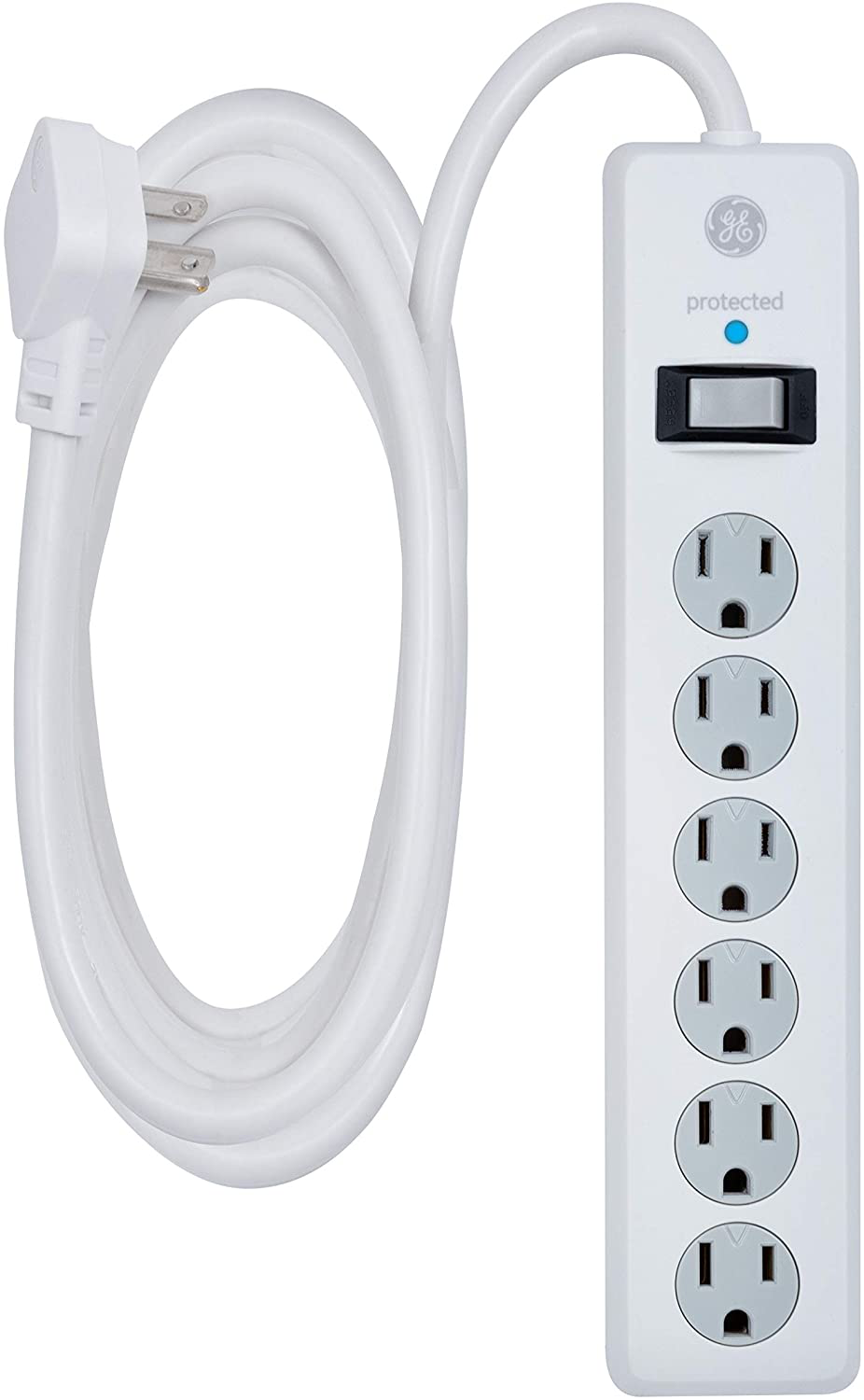 GE 6 Outlet Surge Protector, 10 Ft Extension Cord, Power Strip, 800 Joules, Flat Plug, Twist-to-Close Safety Covers, White, 14092