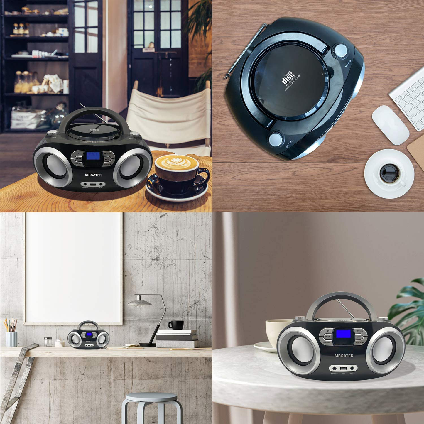 Megatek CB-M25BT Portable CD Player Boombox with FM Stereo Radio, Bluetooth Wireless & Enhanced Sound, CD-R/CD-RW/MP3/WMA Playback, USB Port, AUX Input, Headphone Jack, LCD Display, AC/Battery Powered