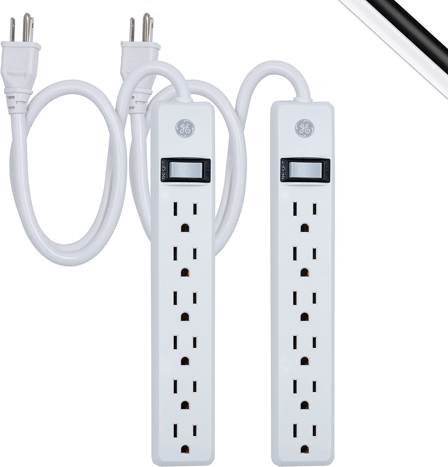 GE, White, 6 Outlet 2 Pack, 2 Ft Cord, Switched Power Strip, Integrated Circuit Breaker, Overload Protection, Wall Mountable, 3 Prong, UL Listed, 14833, Count