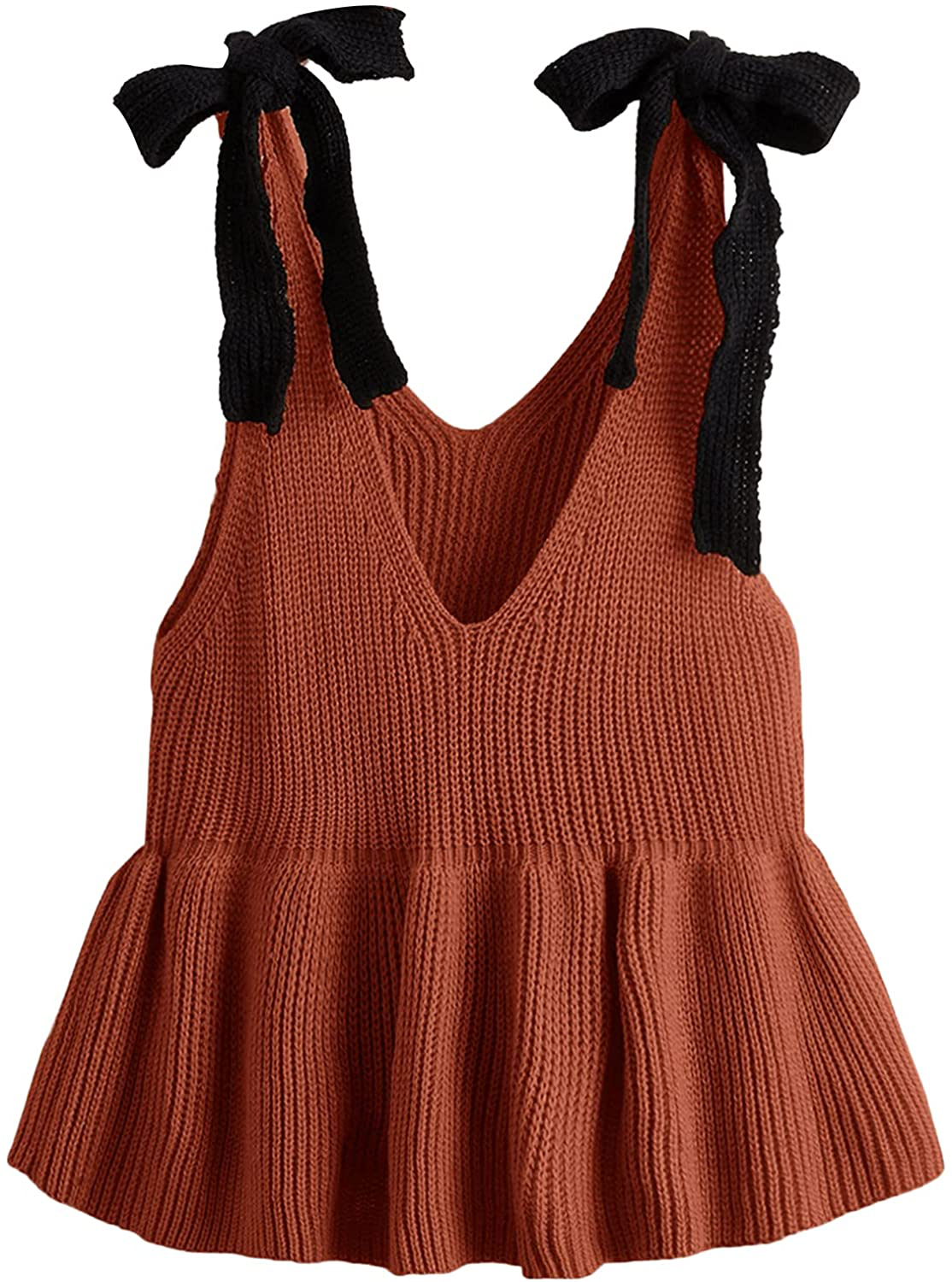 SweatyRocks Women's Casual Knit Top Sleeveless Ruffle Hem V Neck Peplum Crop Tank Top