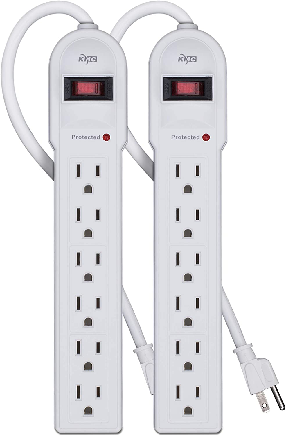 KMC 6-Outlet Surge Protector Power Strip 2-Pack, 900 Joule, 4-Foot Cord, Overload Protection