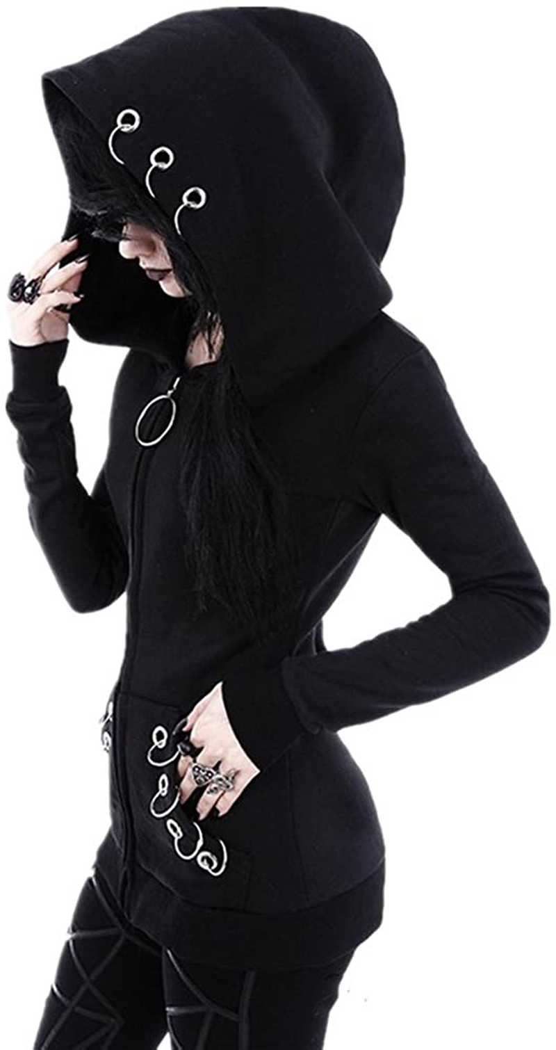 Women Punk Gothic Hoodie Long Sleeve Ring Front Eyelt Zip-up Sweatshirt Jacket Coat