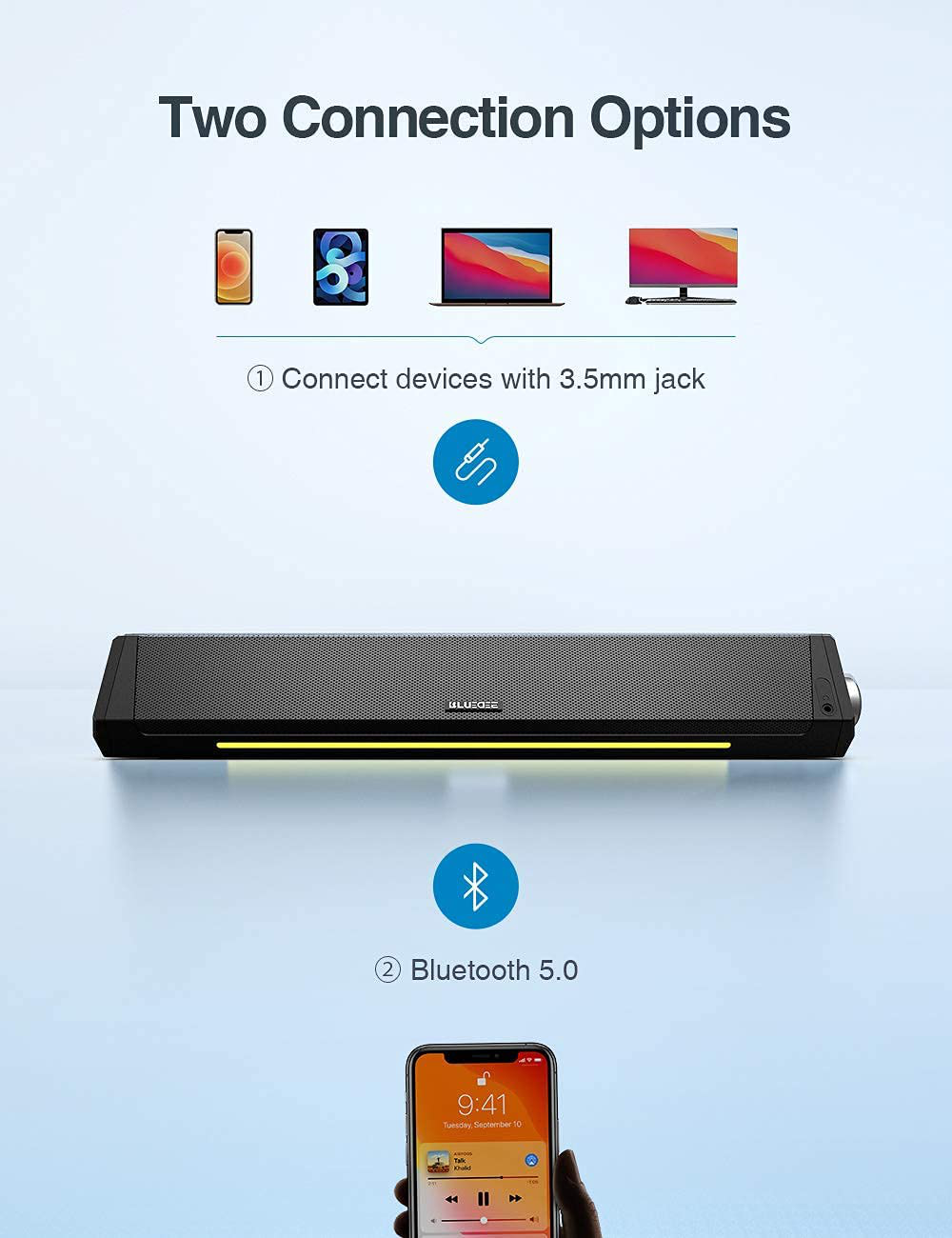 Computer Speakers, Dynamic RGB Computer Sound Bar, Hifi Stereo Bluetooth 5.0 & 3.5Mm Aux-In Connection, USB Powered Computer Speakers for Desktop, PC, Laptop, Tablets