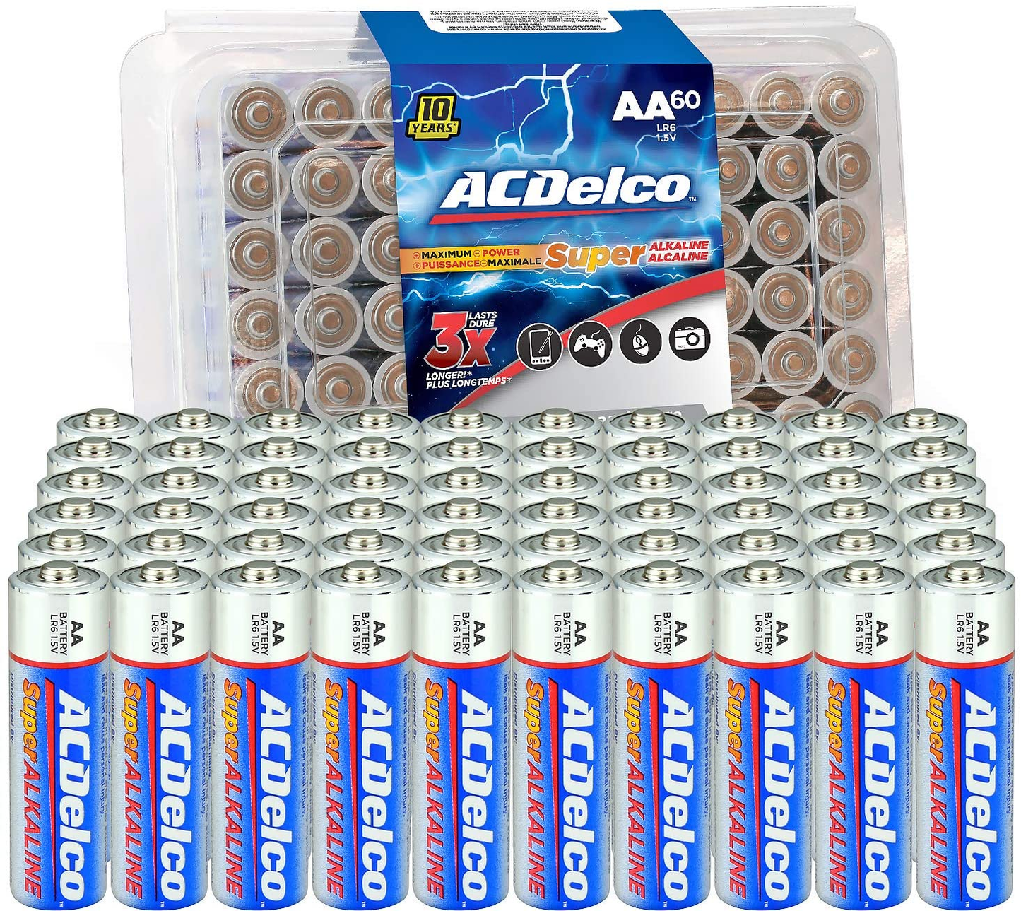 Acdelco AA Batteries, Maximum Power Super Alkaline Battery, 10-Year Shelf Life, Recloseable Packaging, Blue
