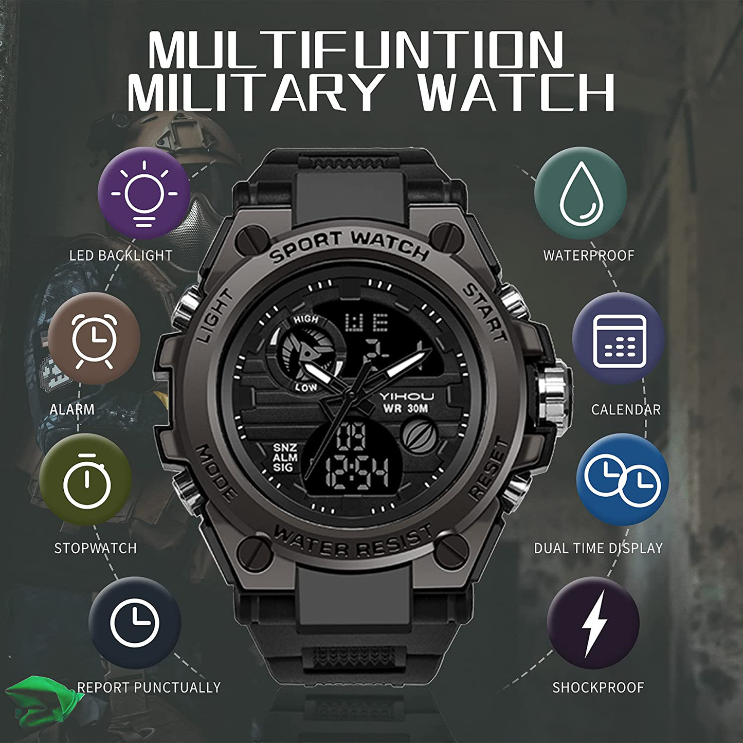Men S Military Watch Outdoor Sports Electronic Watch Tactical Army Wristwatch LED Stopwatch Waterproof Digital Analog Watches