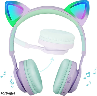 Kids Headphones, Riwbox CT-7S Cat Ear Bluetooth Headphones 85Db Volume Limiting,Led Light up Kids Wireless Headphones over Ear with Microphone for Laptop/Pc/Tv (Purple&Green)