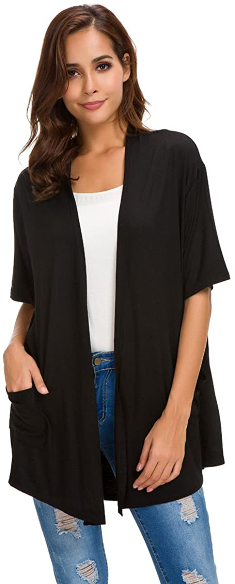 Womens Short Sleeve Open Front Lightweight Casual Comfy Long Line Drape Hem Soft Modal Cardigans Sweater with Two Pockets