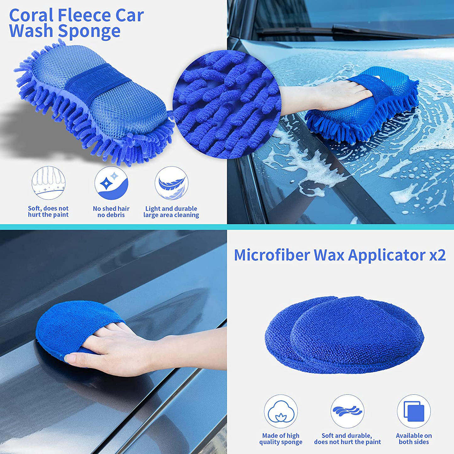CALBEAU 16-PCS Car Cleaning Kit Interior Exterior Detailing Tools Set with Collapsible Bucket, Wash Sponge, Clean Towels, Wax Pads, Tire Brushes, Also for Other Vehicles Washing & Household Use