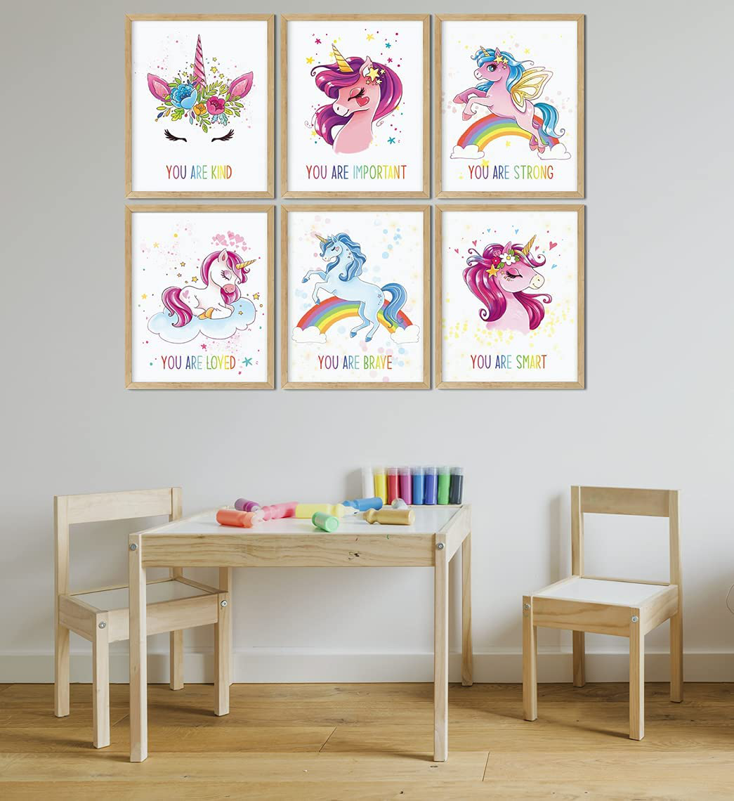 Unicorn Girls Room Décor | Motivational & Positive Affirmation Unicorn Bedroom Posters Wall Décor For Kids Room | Rainbow Decorations | Six 8x10 Wall Art Prints (Unframed) | Unicorn You Are Set