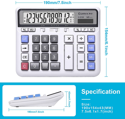 Comix Desktop Calculator Solar Battery Dual Power with 12-Digit Large LCD Display and Large Computer Keys Office Calculator for Home Office School