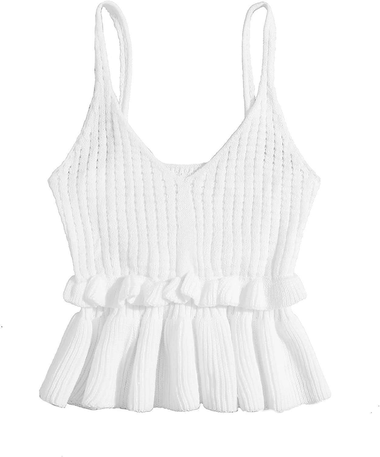 SweatyRocks Women's Casual Knit Top Sleeveless Ruffle Hem V Neck Peplum Crop Tank Top