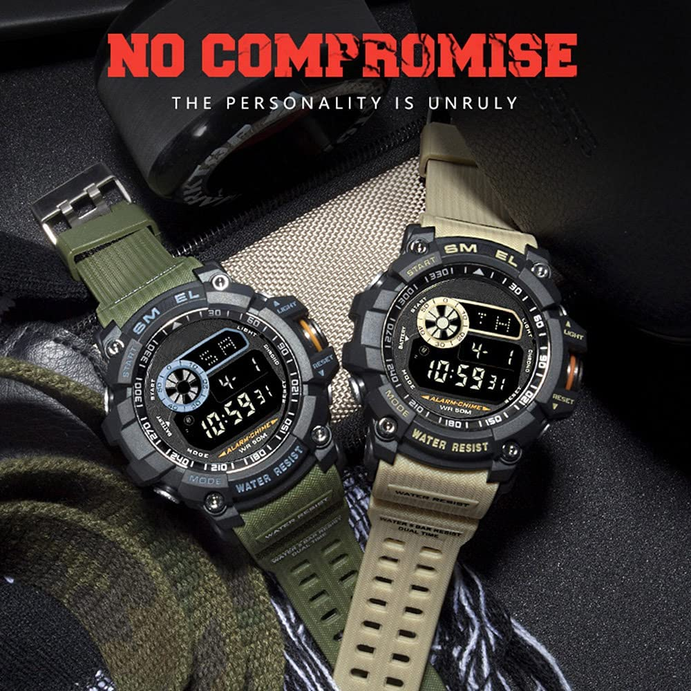 Mens Large Dial Analog Digital Watch Casual Sport Watch Multifunction Military Watch with LED Light