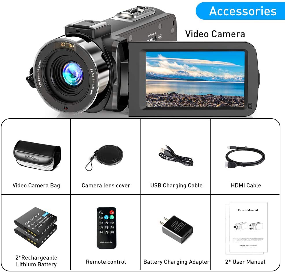 Video Camera Camcorder FHD 1080P 30FPS 36MP IR Night Vision YouTube Vlogging Camera Recorder 3.0'' 270 Degree Rotation IPS Screen 16X Digital Zoom Camcorder with Remote and 2 Batteries