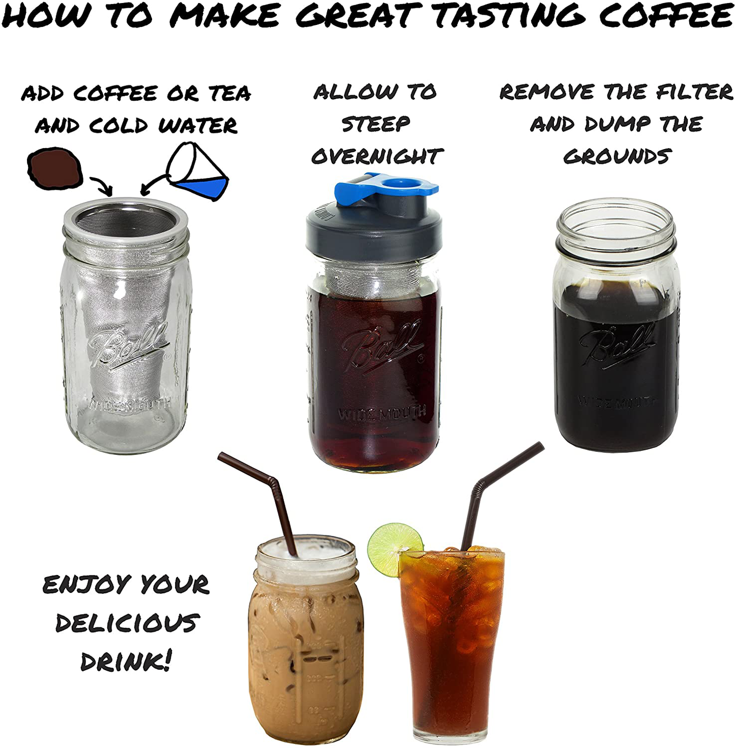 County Line Kitchen Durable Cold Brew Mason Jar Coffee Maker. Glass Jar, Stainless Steel Filter, Flip Cap Lid