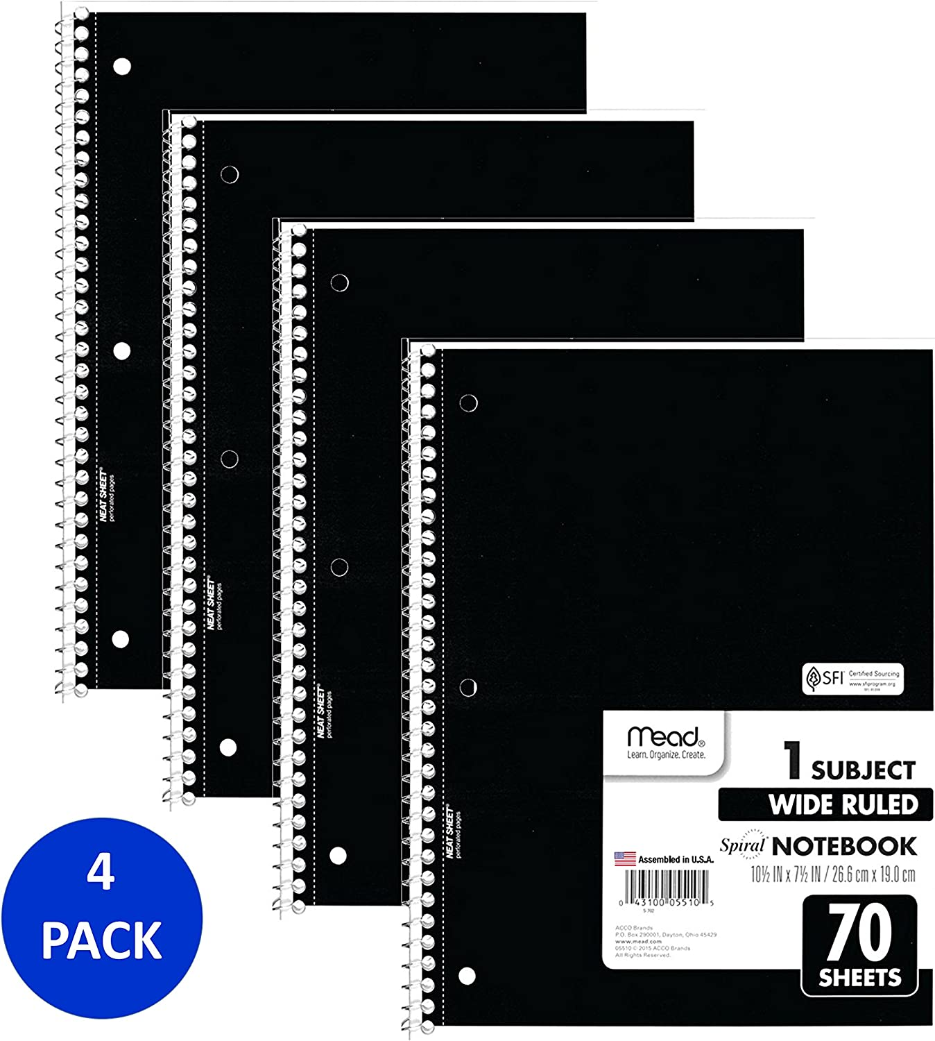 Mead Spiral Notebooks, 1 Subject, Wide Ruled Paper, 70 Sheets, 10-1/2" X 7-1/2 Inches, Black, 4 Pack (38401)
