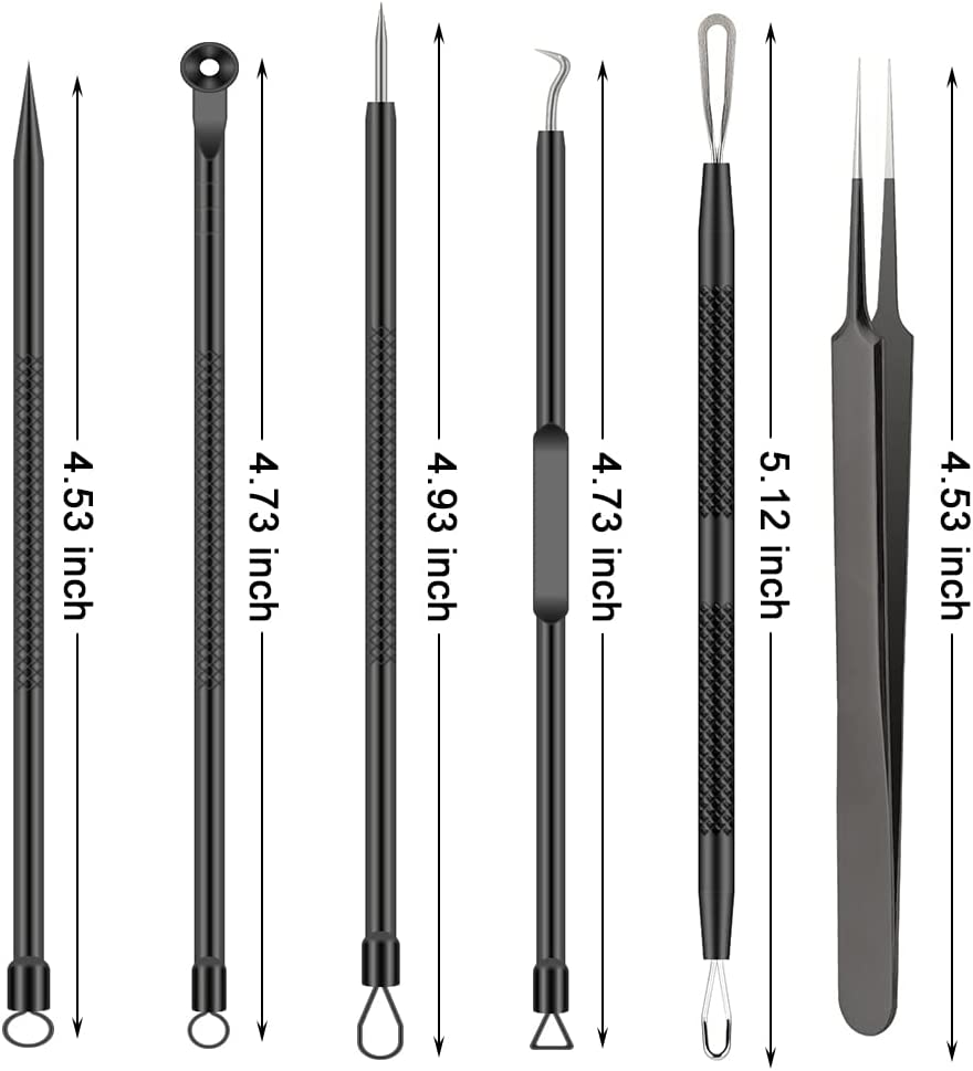 Pimple Popper Tool Kit , 6 Pcs Blackhead Remover Acne Needle Tools Set Removing Treatment Comedone Whitehead Popping Zit for Nose Face Skin Blemish Extractor Tool - Black