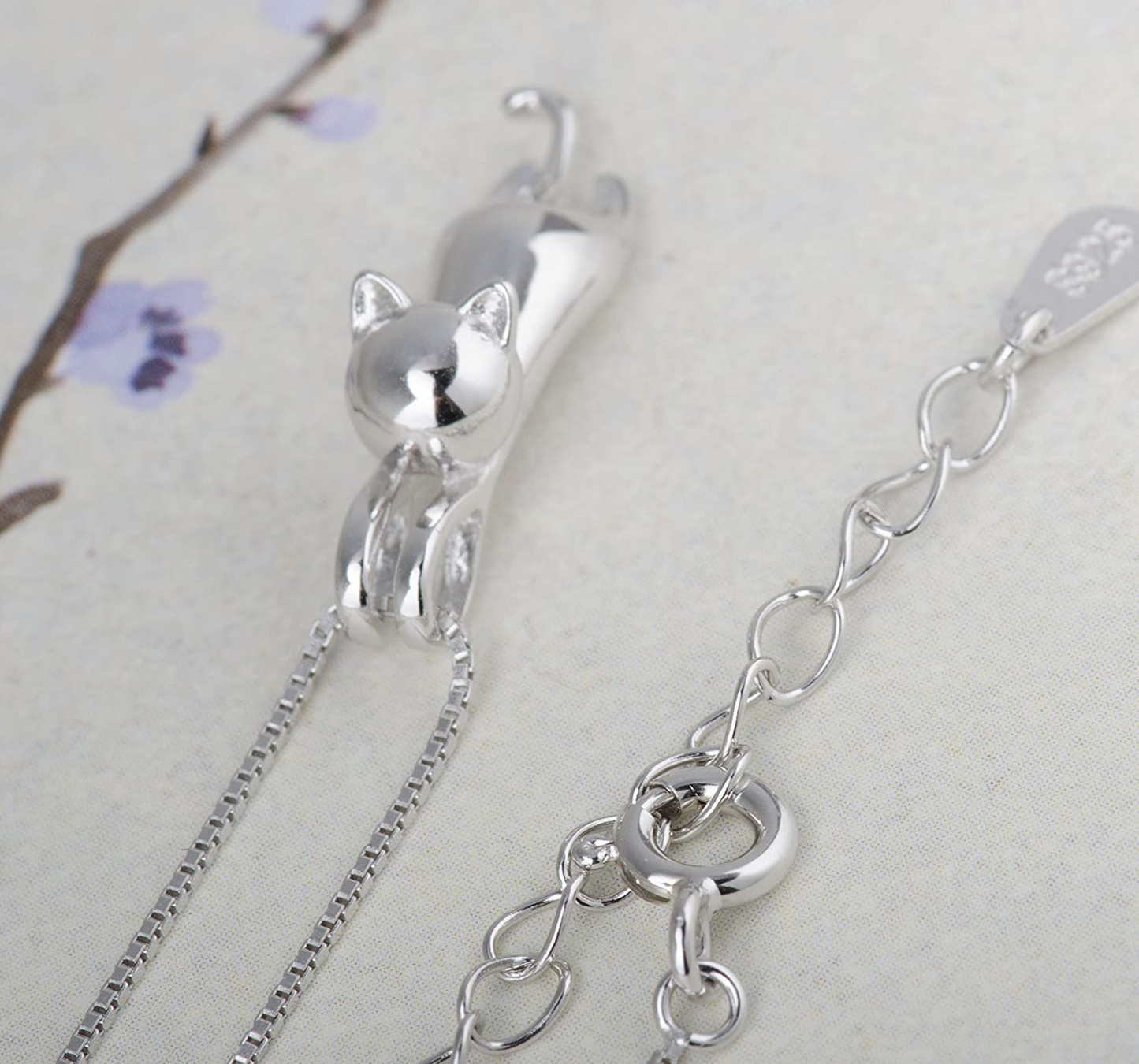 S.Leaf S925 Sterling Silver Cat Necklace Matte Silver Cat Pendant Collarbone Necklace