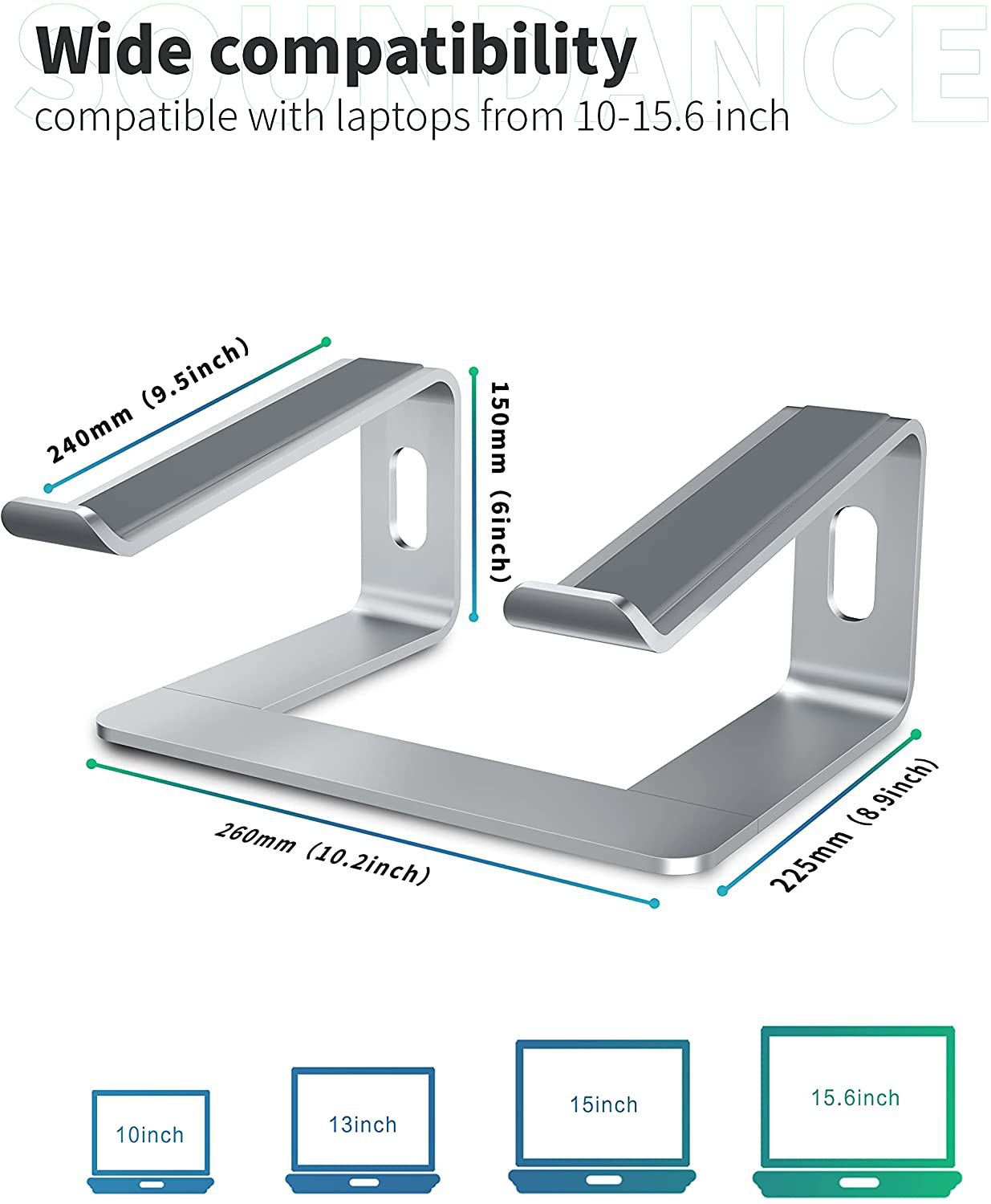 Soundance Laptop Stand, Aluminum Computer Riser, Ergonomic Laptops Elevator for Desk, Metal Holder Compatible with 10 to 15.6 Inches Notebook Computer