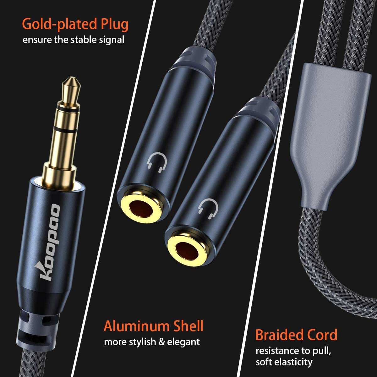 Headphone Splitter, Dual Port 3.5Mm Audio Splitter AUX Cable Nylon-Braided 3.5Mm Male to 2 Female Y Splitter Cable Dual Headphone Jack Splitter for 3.5Mm Standard Headphone Jack
