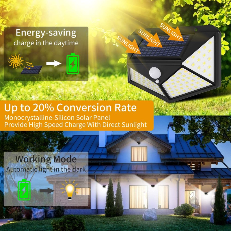 2 Pack 100 LED Solar Motion Sensor Outdoor Lights Outdoor with Wide Angle