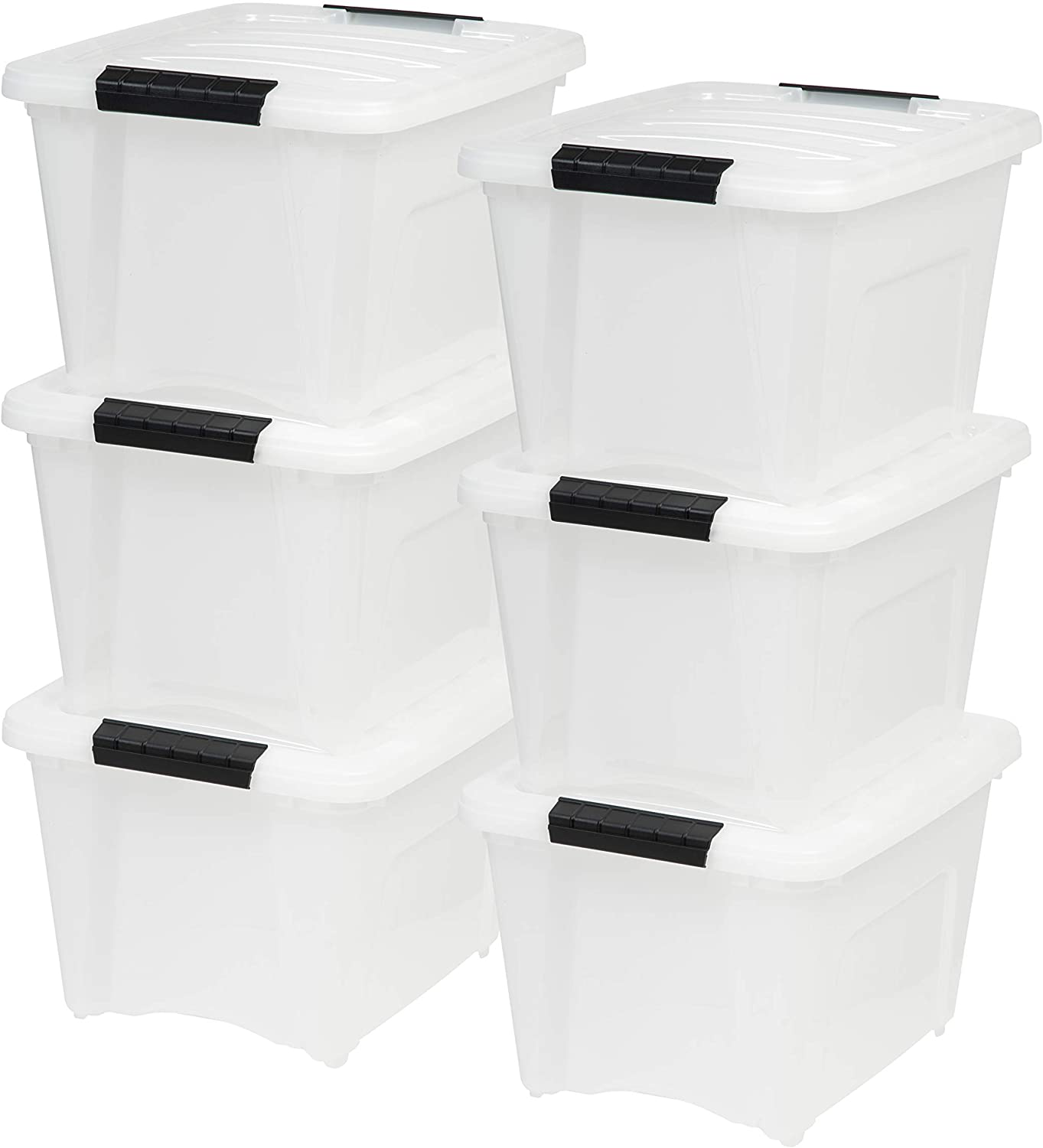 IRIS USA TB Pearl Plastic Storage Bin Tote Organizing Container with Durable Lid and Secure Latching Buckles, 19 Qt, 6 Count