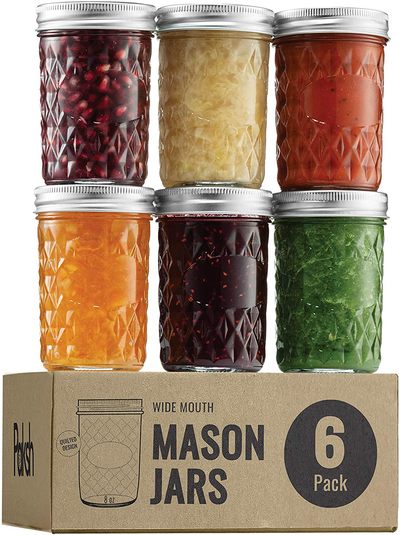 Regular-Mouth Glass Mason Jars, 8-Ounce (6-Pack) Glass Canning Jars with Silver Metal Airtight Lids and Bands with Chalkboard Labels, for Canning, Preserving, Meal Prep, Overnight Oats, Jam, Jelly,
