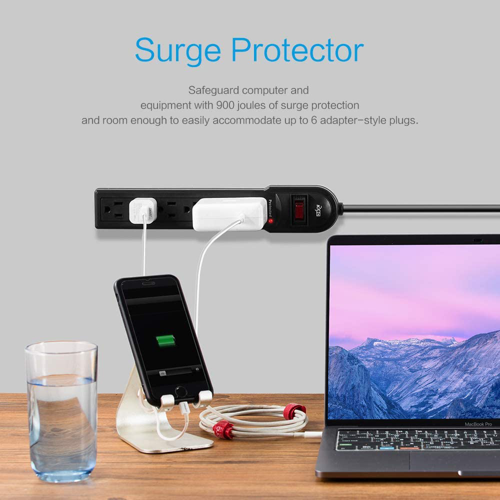 KMC 6-Outlet Surge Protector Power Strip 2-Pack, 900 Joule, 4-Foot Cord, Overload Protection