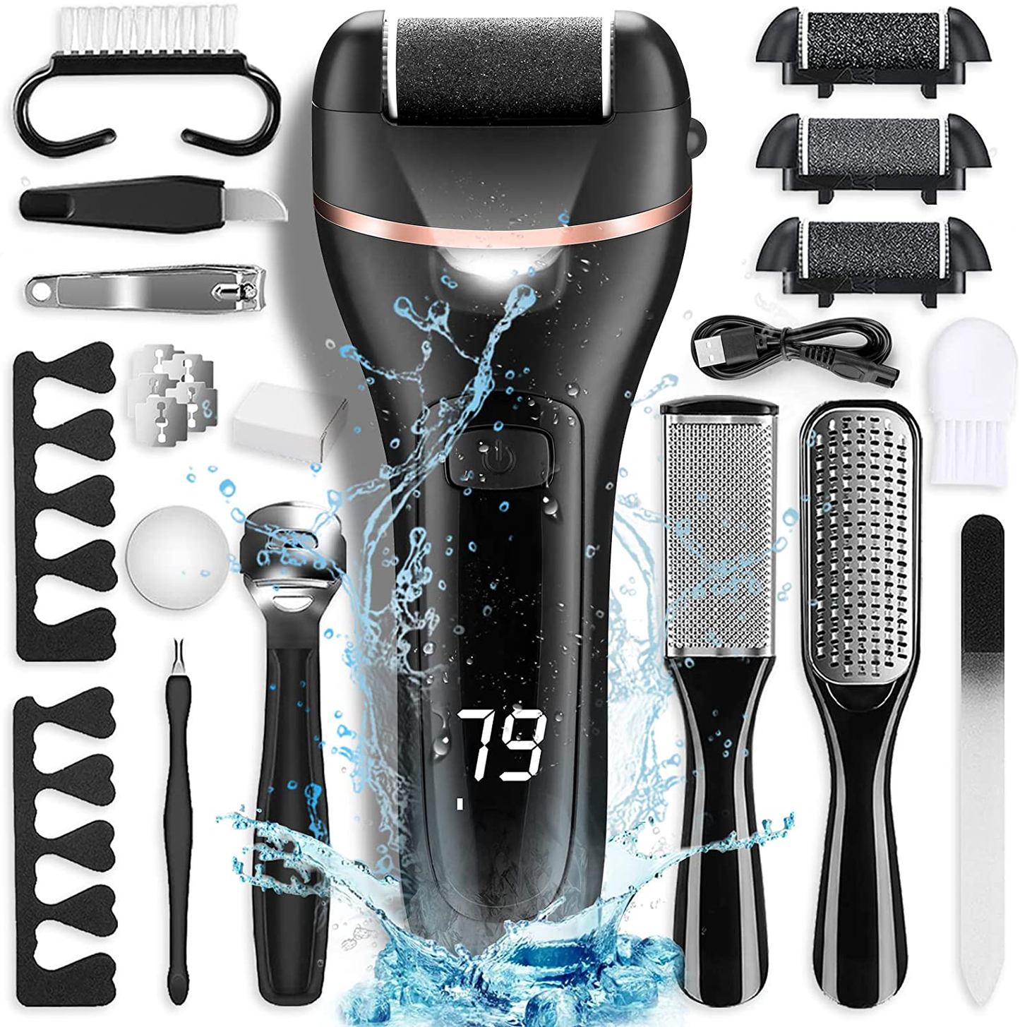 Electric Callus Remover for Feet with Rechargeable Waterproof 22 in 1 Professional Pedicure Kit,Foot Care Tools Wet & Dry Foot File for Dead Skin&Cracked Heel or Rough Hand with 3 Roller Heads 2 Speed