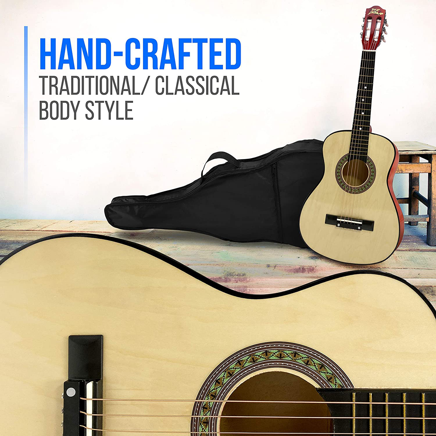 Beginner 30” Classical Acoustic Guitar - 6 String Linden Wood Traditional Style Guitar W/ Wood Fretboard, Case Bag, Nylon Strap, Tuner, 3 Picks - Great for Beginner, Children Use - Pyle PGAKT30
