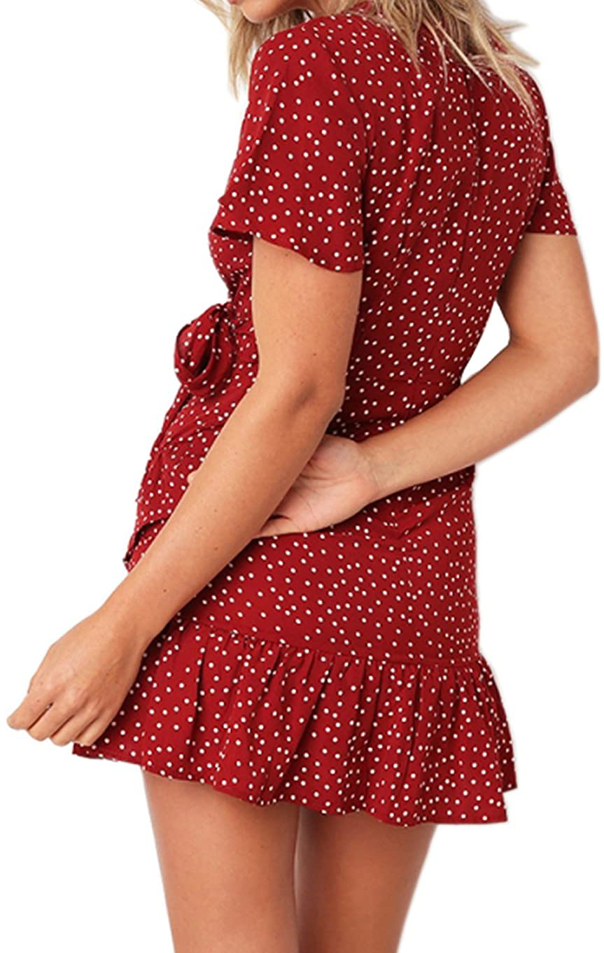 Relipop Summer Women Short Sleeve Print Dress V Neck Casual Short Dresses